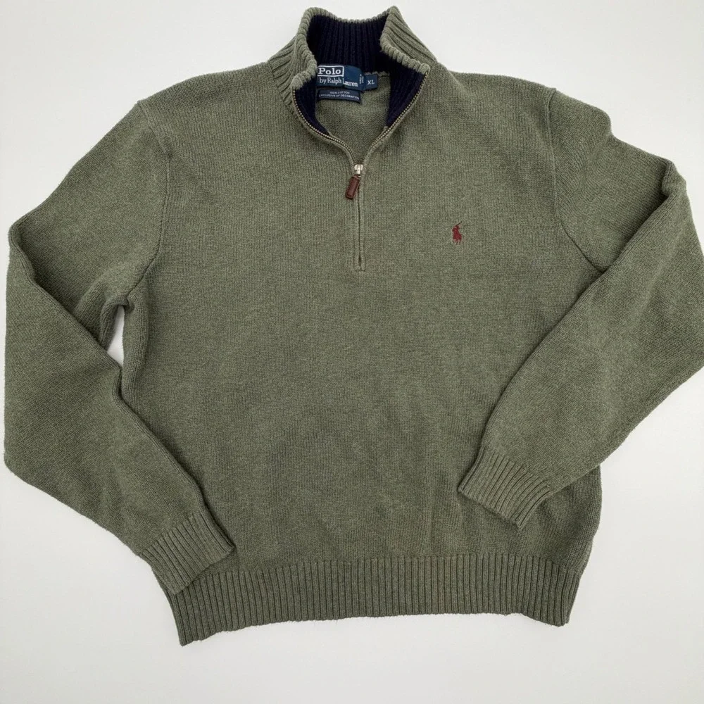 Polo Ralph Lauren Mens‎ Quarter Zip Sweater Olive Green Cotton Size XL